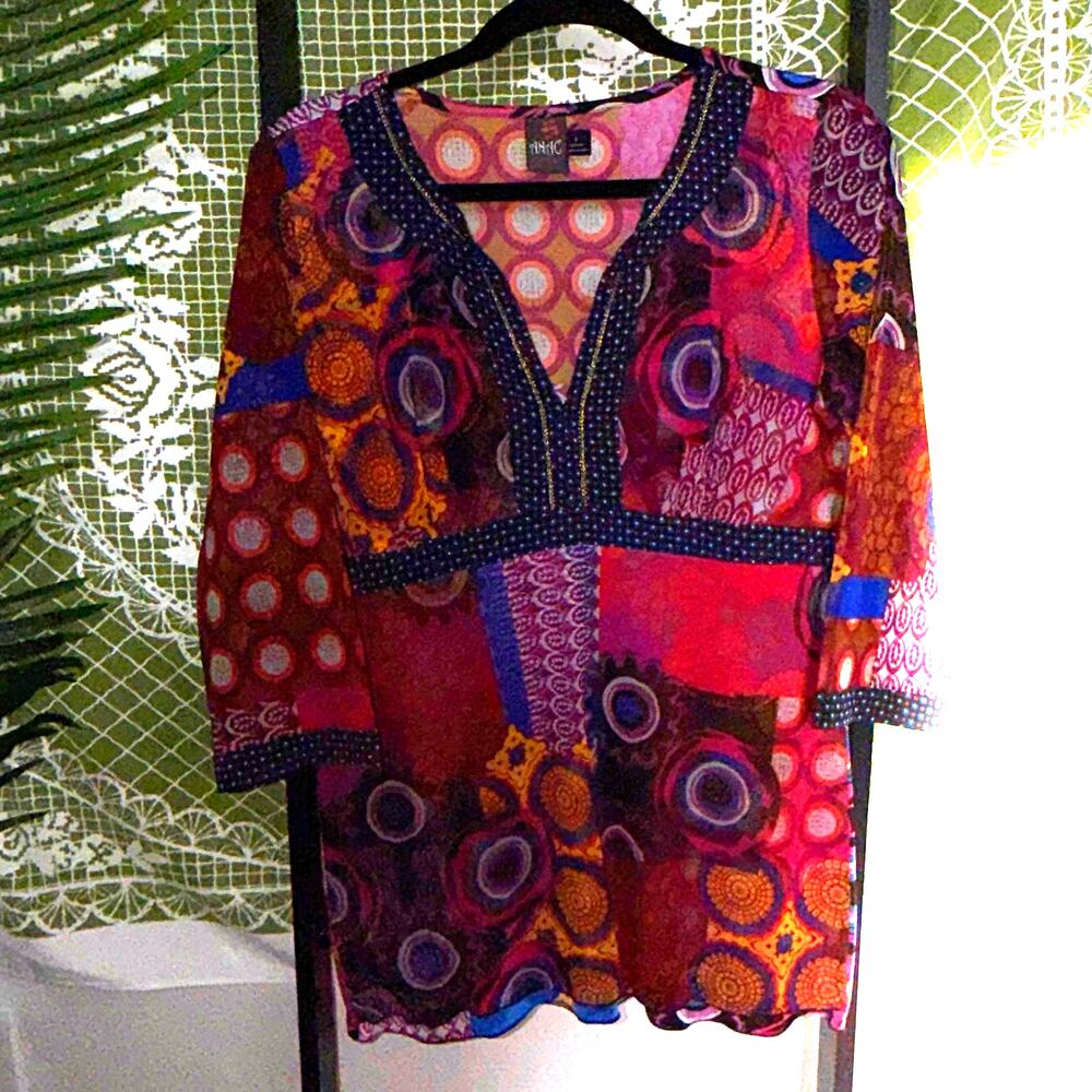ANAC Designed by Kim Mesh Patchwork Tunic Top - Size L - Boho Retro Geometric